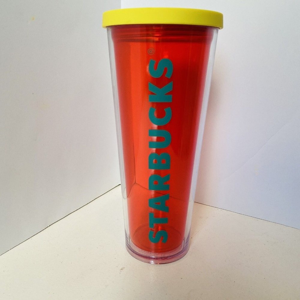STARBUCKS 2014 Venti 24oz‎ Spellout Tumbler Red Teal Letters Yellow Lid Rare